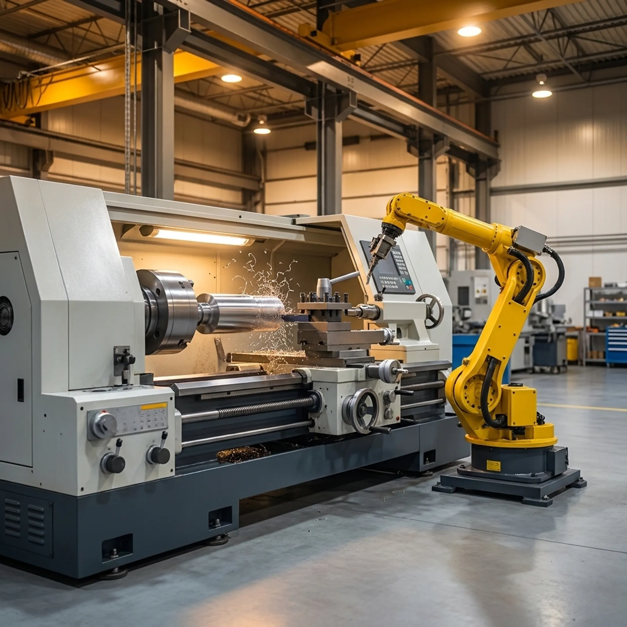High-precision CNC lathe operating in a modern manufacturing workshop