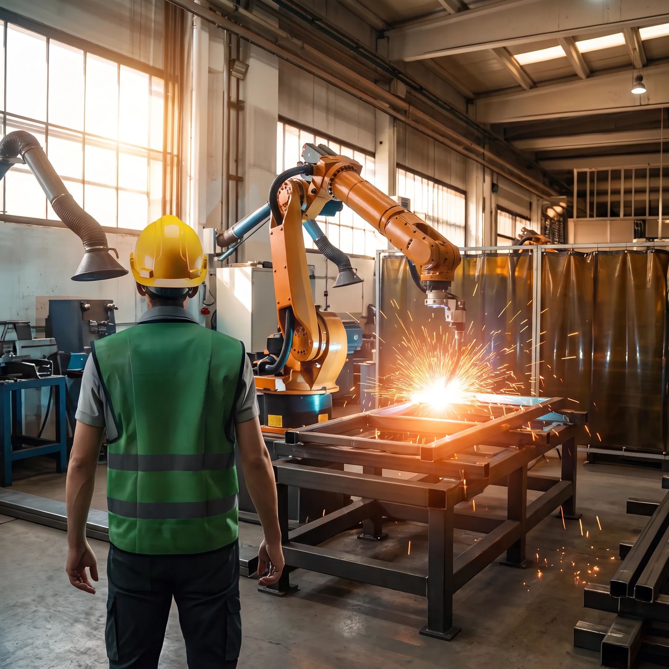 Automated robotic arm performing precision arc welding on fabricated sheet metal structures