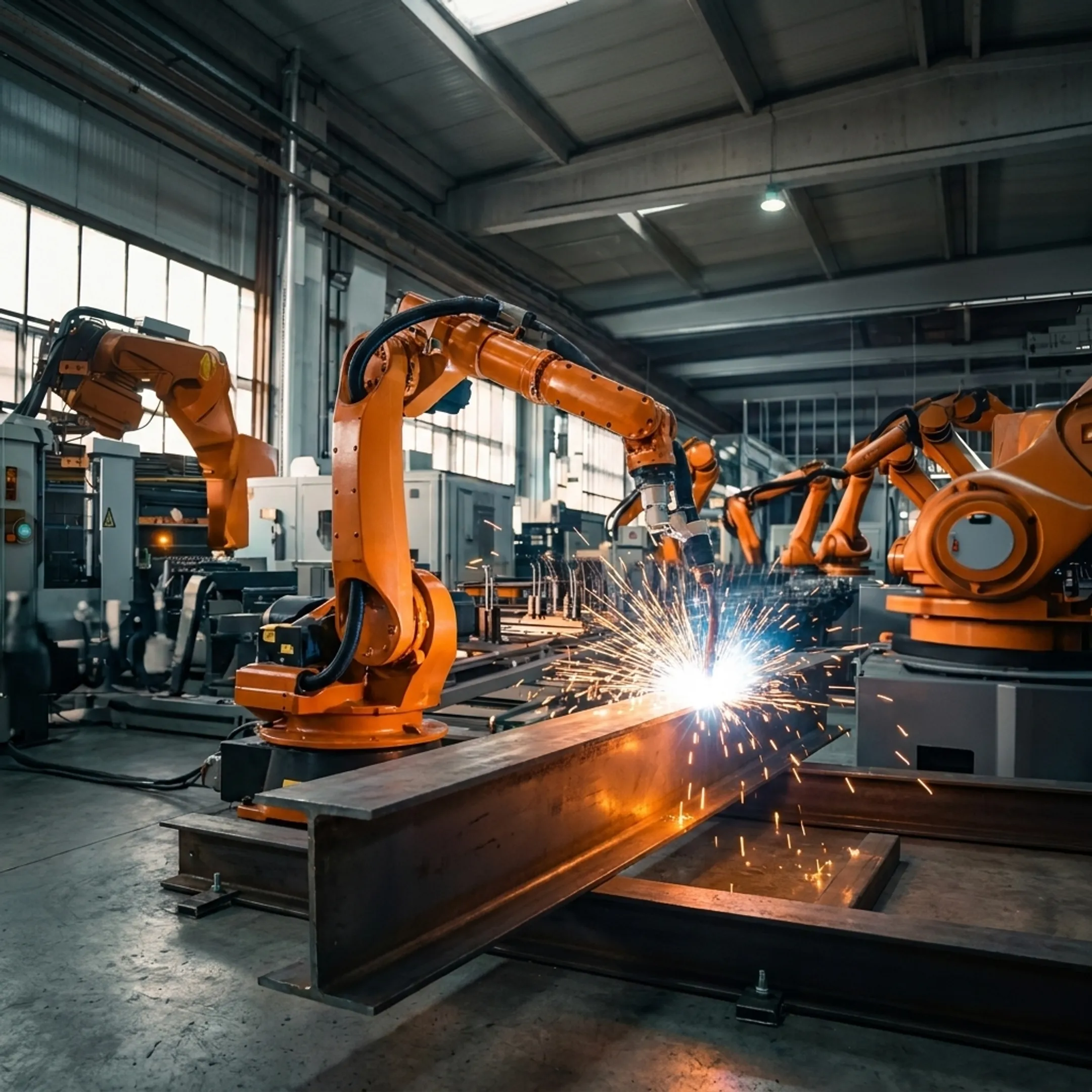Industrial robotic welding cell operating on heavy steel fabrication