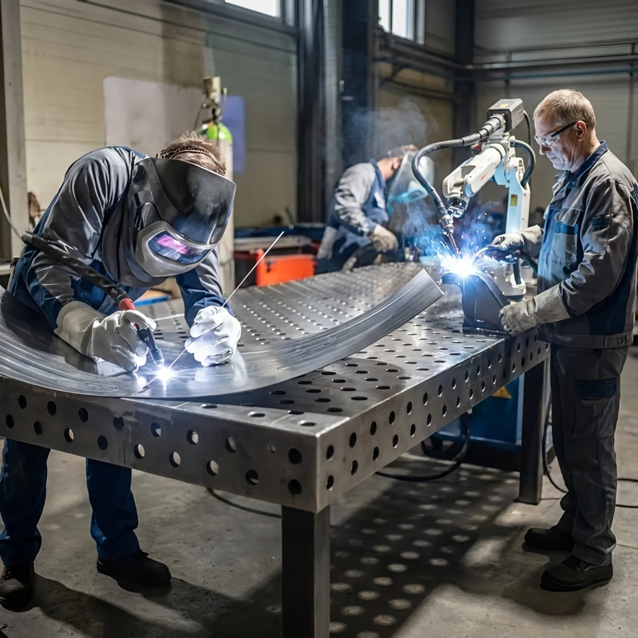 Fabrication technician supervising an automated multi-axis welding machine