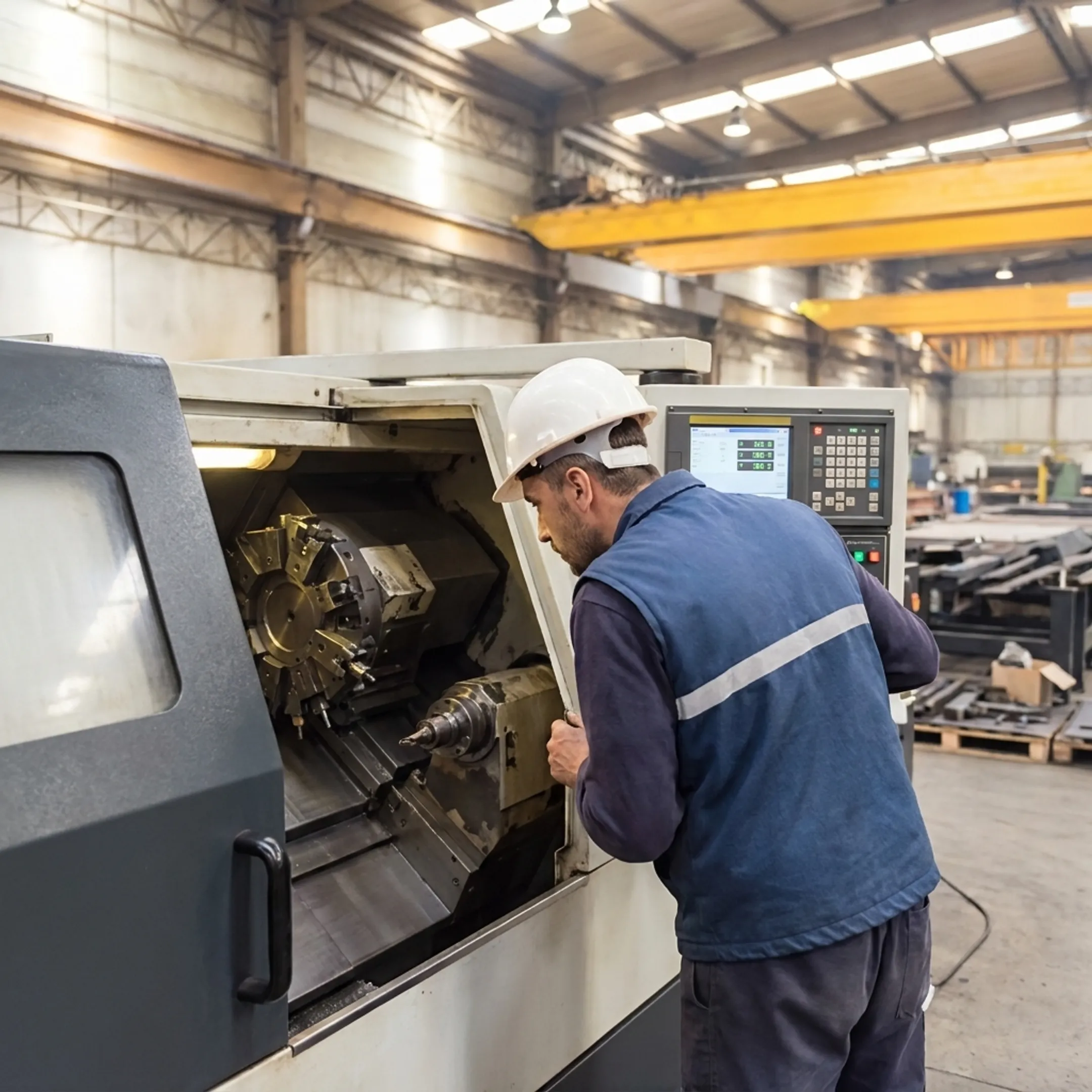 Technician operating a multi-axis CNC lathe in a manufacturing plant