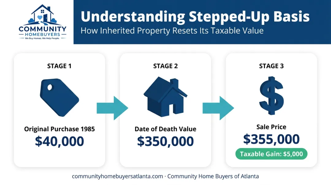 Stepped-up basis tax calculation example showing reduced capital gains