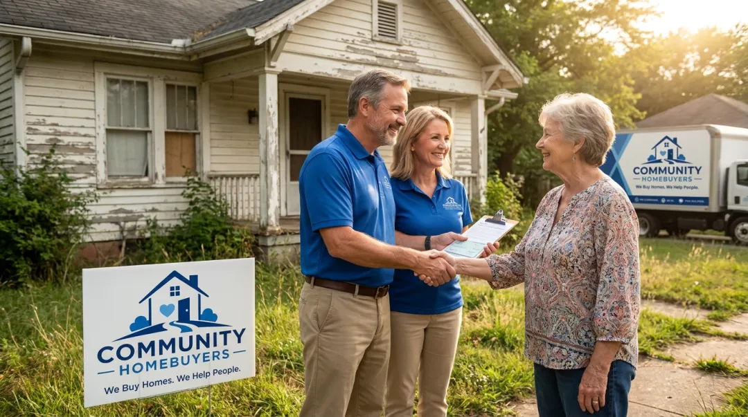 Cash home buying company representative meeting with distressed property seller