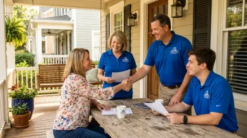 Community Home Buyers of Atlanta team meeting with local homeowner