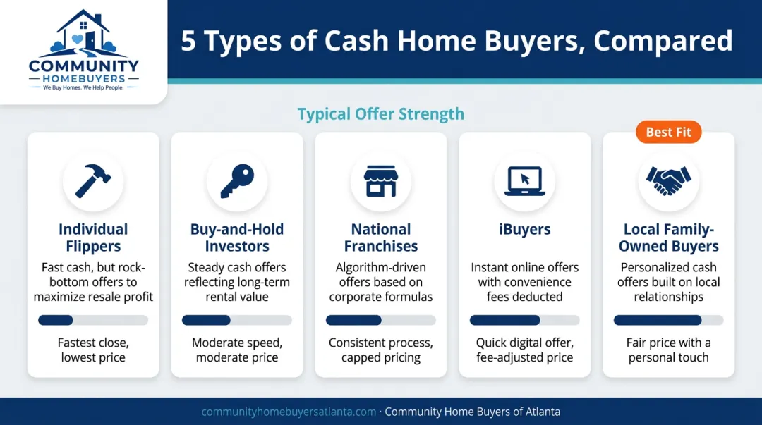 Five types of cash home buyers compared side-by-side infographic