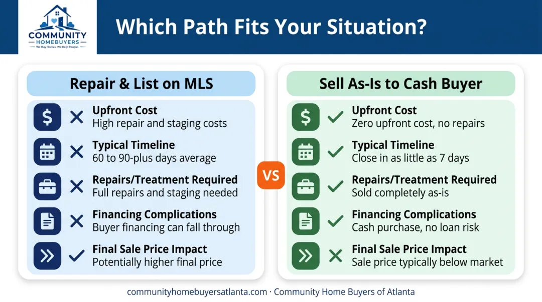 Repair-and-list versus cash sale comparison for termite-damaged homes