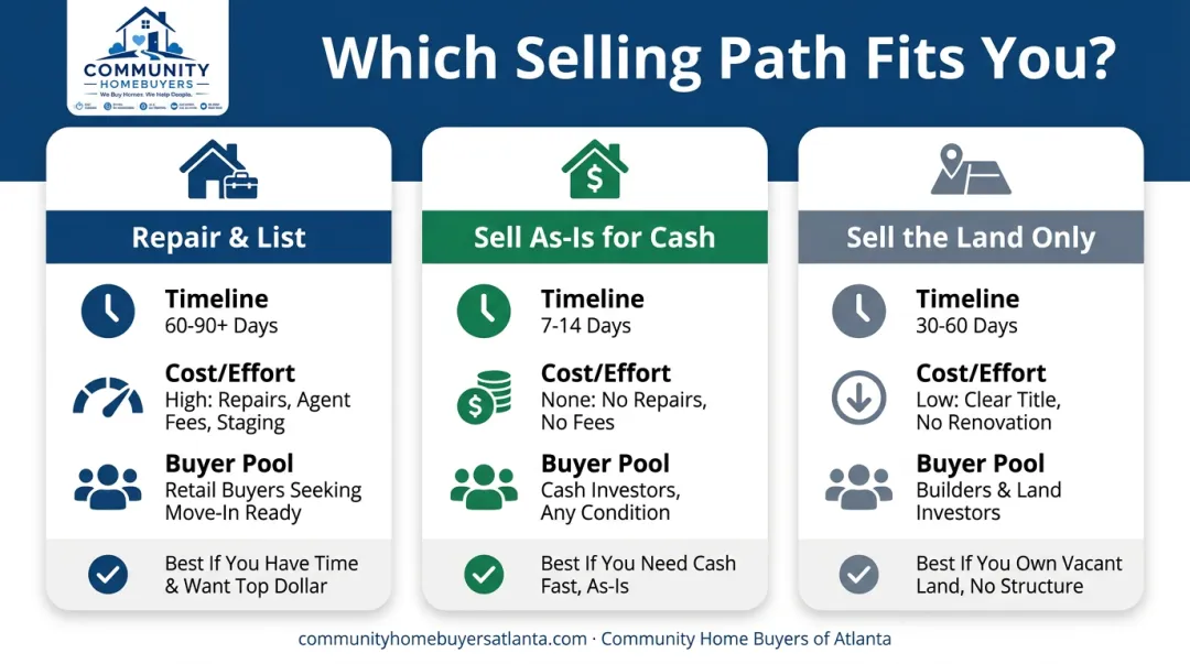 Comparison of repair-and-list versus cash sale versus land sale options