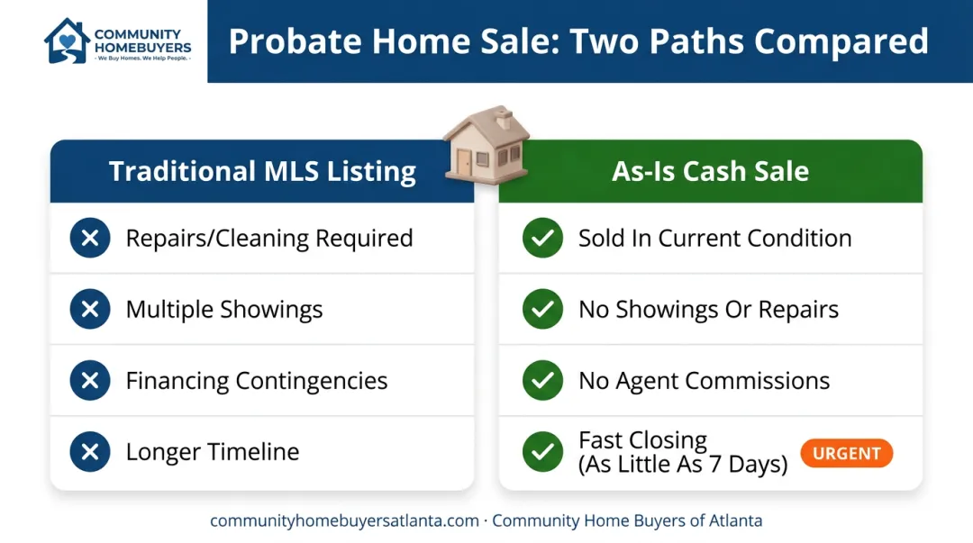 Traditional MLS listing versus as-is cash sale comparison for probate homes