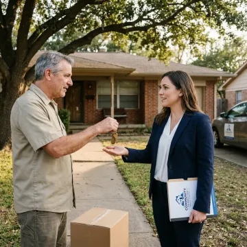 Homeowner handing keys to a cash home buyer