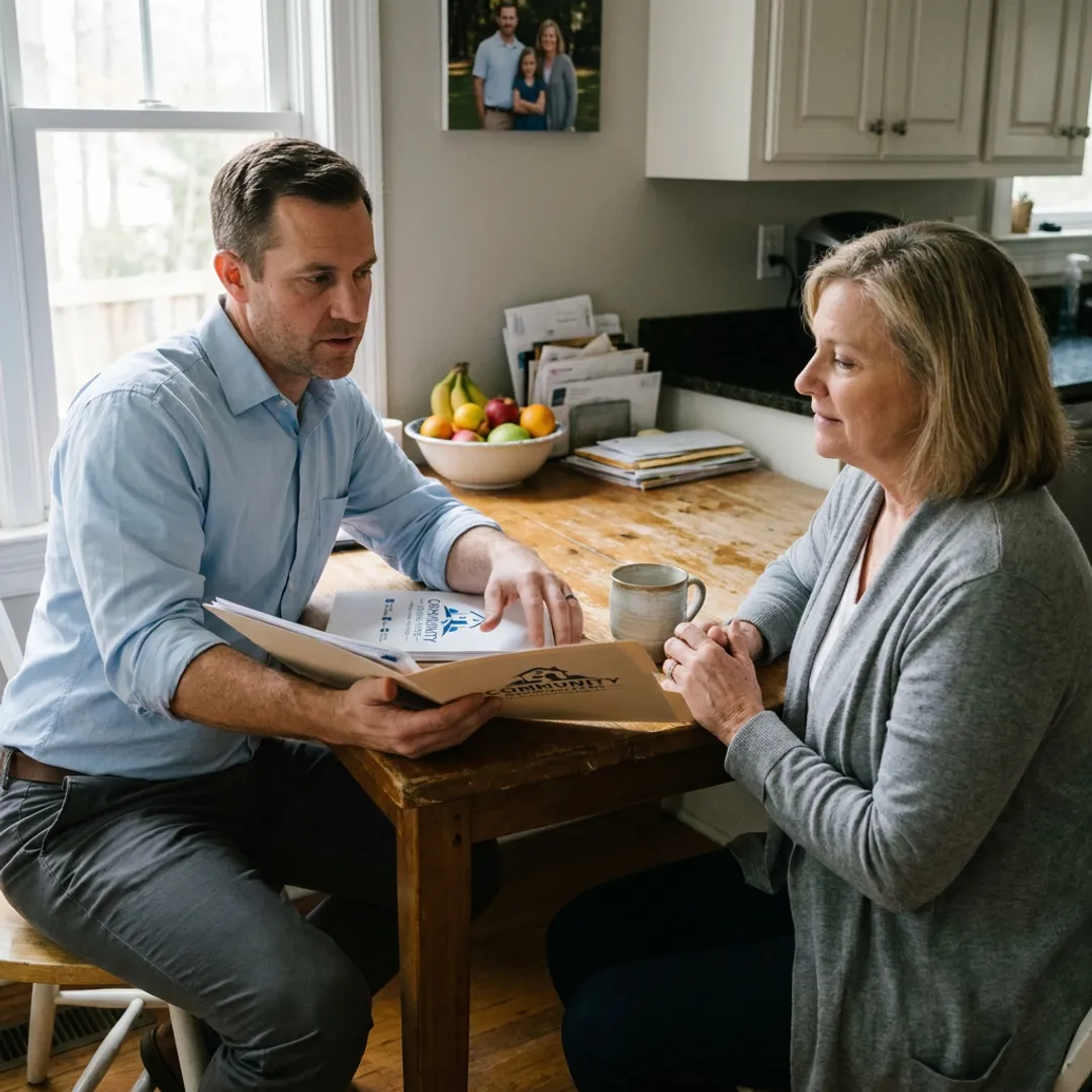 Buyer and homeowner discussing an as-is cash sale