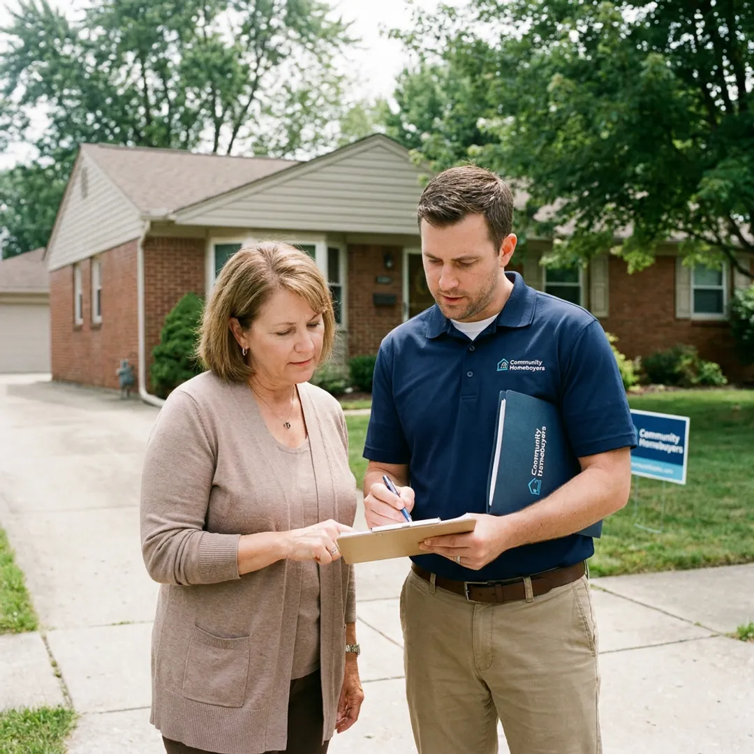 Homeowner reviewing a cash offer outside a Fayetteville home