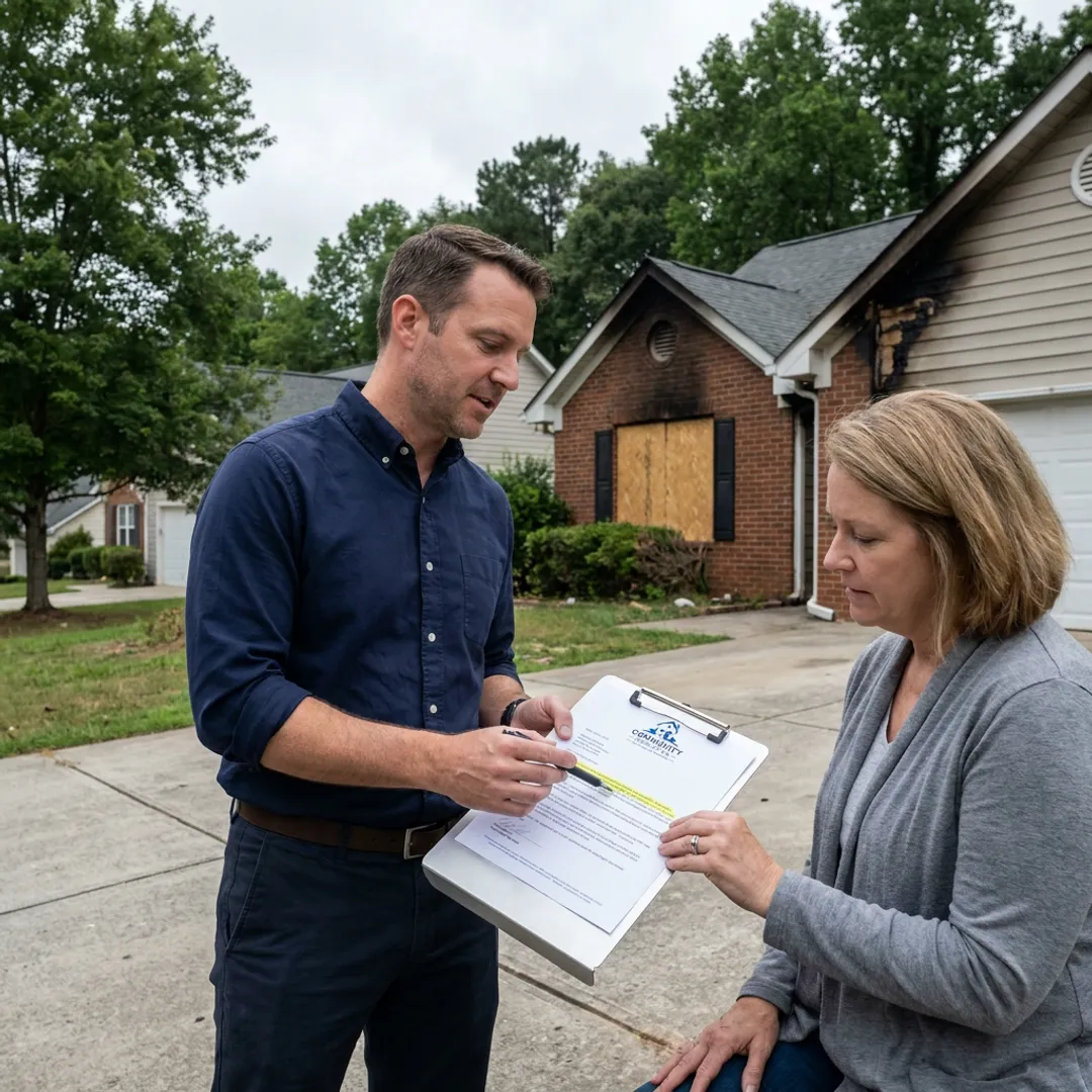Homeowner discussing an as-is cash offer for fire damage
