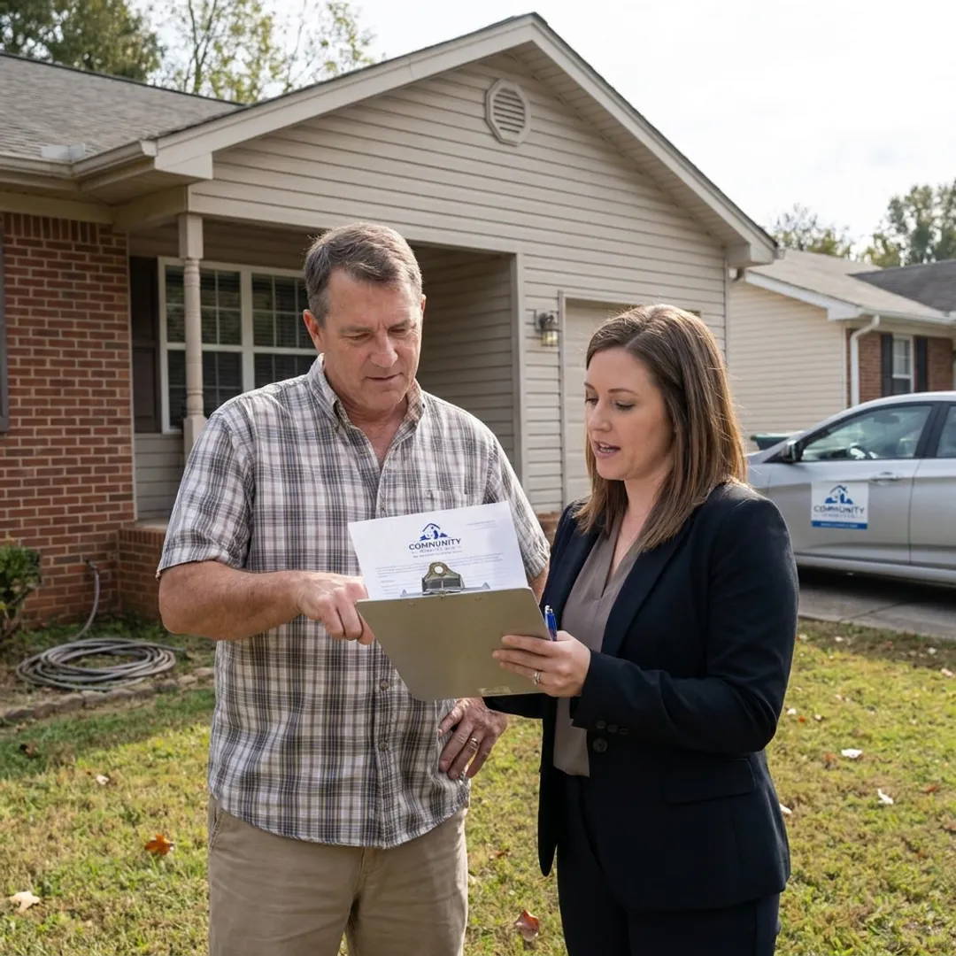 Homeowner reviewing a cash offer outside a Douglasville house