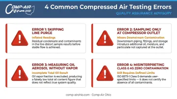 Four common compressed air sampling errors causing false test results comparison infographic