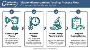 Four-step compressed air microbial testing process using impaction sampler and agar plates