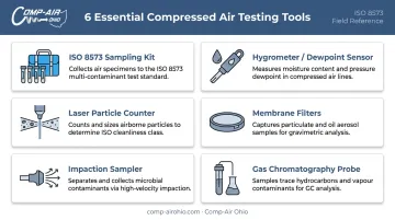 Six essential compressed air quality testing tools and equipment overview infographic