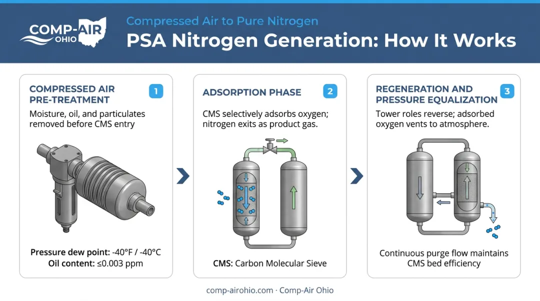 PSA nitrogen generation three-step process flow from air pre-treatment to tower cycling