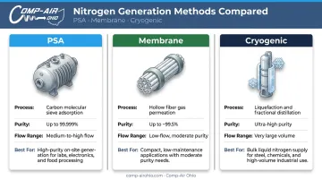 PSA versus membrane versus cryogenic nitrogen generation technology comparison chart