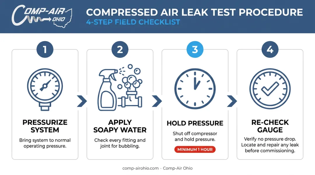 Compressed air system leak test procedure 4-step validation checklist infographic