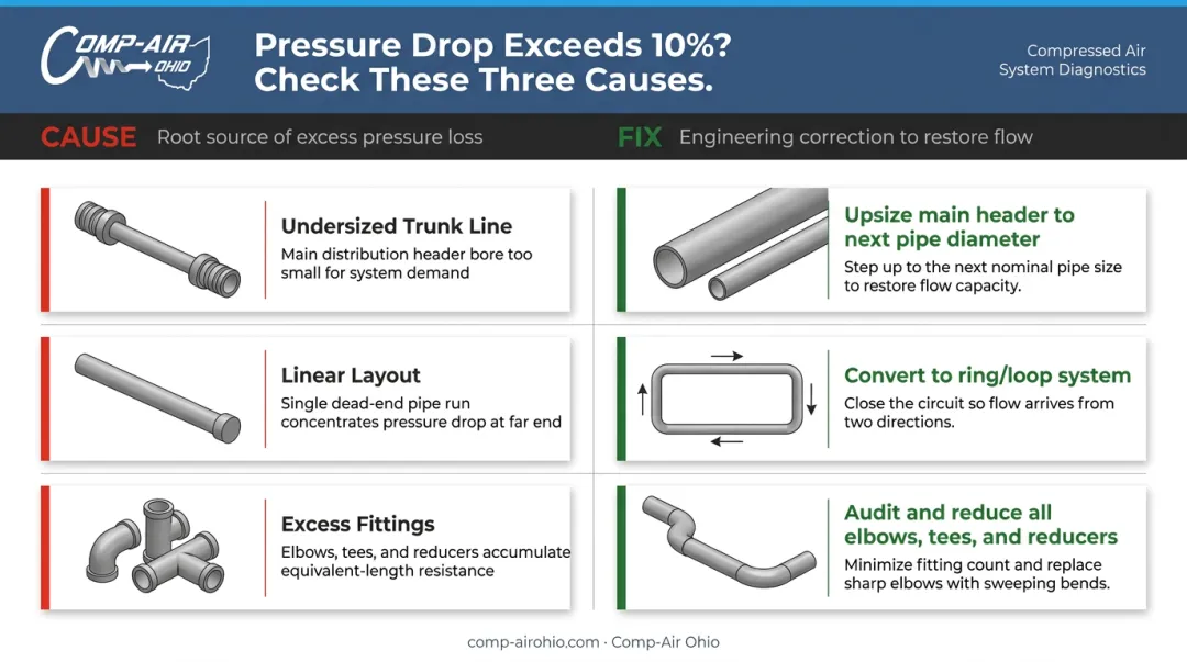 Three common compressed air pressure drop causes and corresponding system fixes