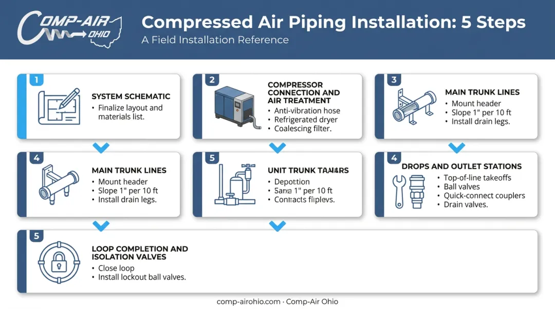 5-step large shop compressed air piping installation sequence process flow diagram