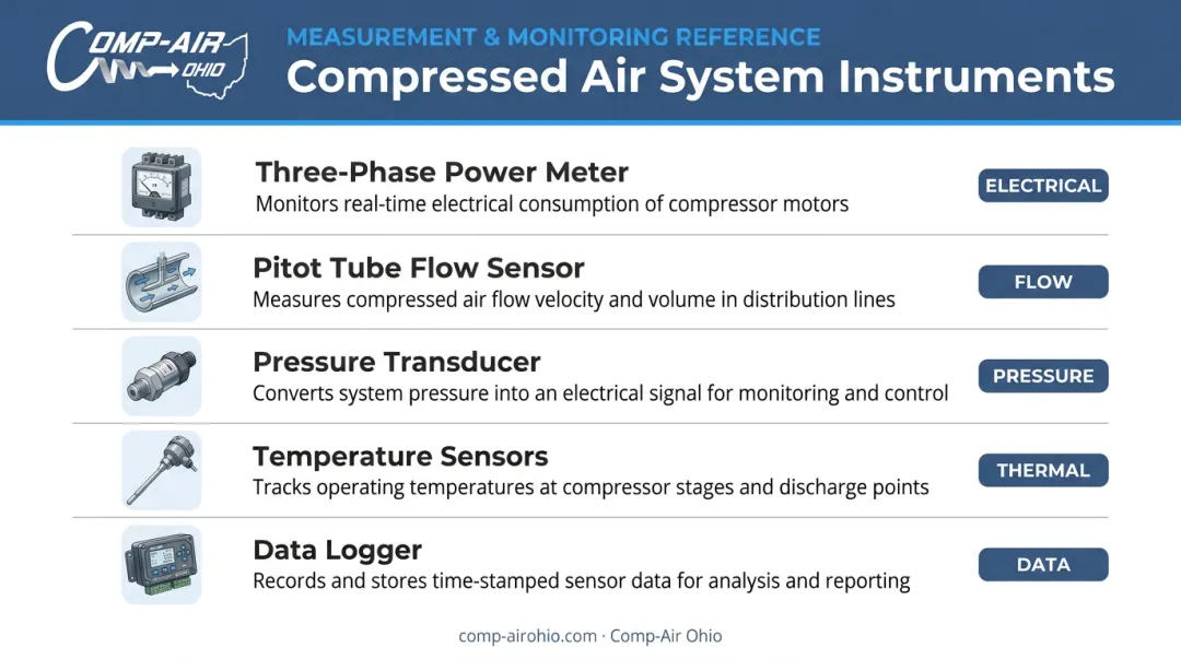 Five essential instruments for measuring air compressor performance and efficiency