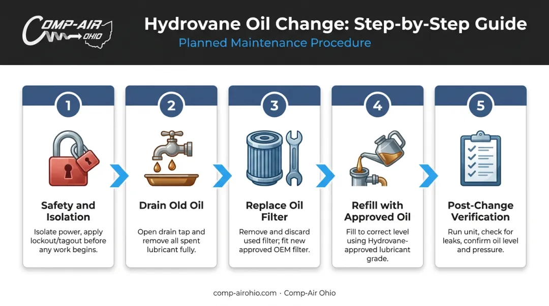 5-step Hydrovane compressor oil change process flow diagram