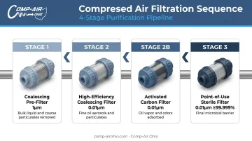 Four-stage food-grade compressed air filtration sequence from coalescing to sterile filter
