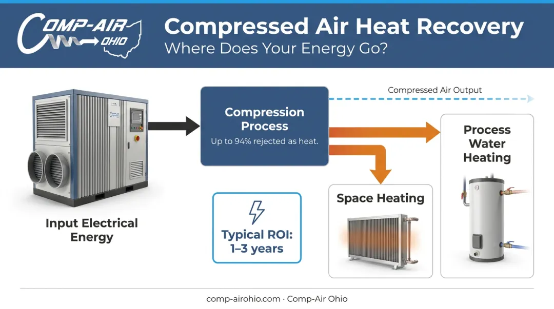 Compressed air heat recovery process redirecting waste thermal energy to facility heating uses
