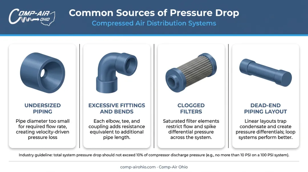 Four common compressed air distribution system pressure drop contributors comparison infographic