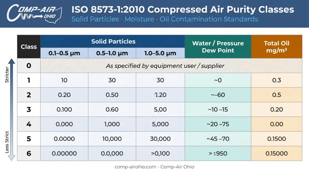 ISO 8573-1 purity class table showing particle water and oil limits by class