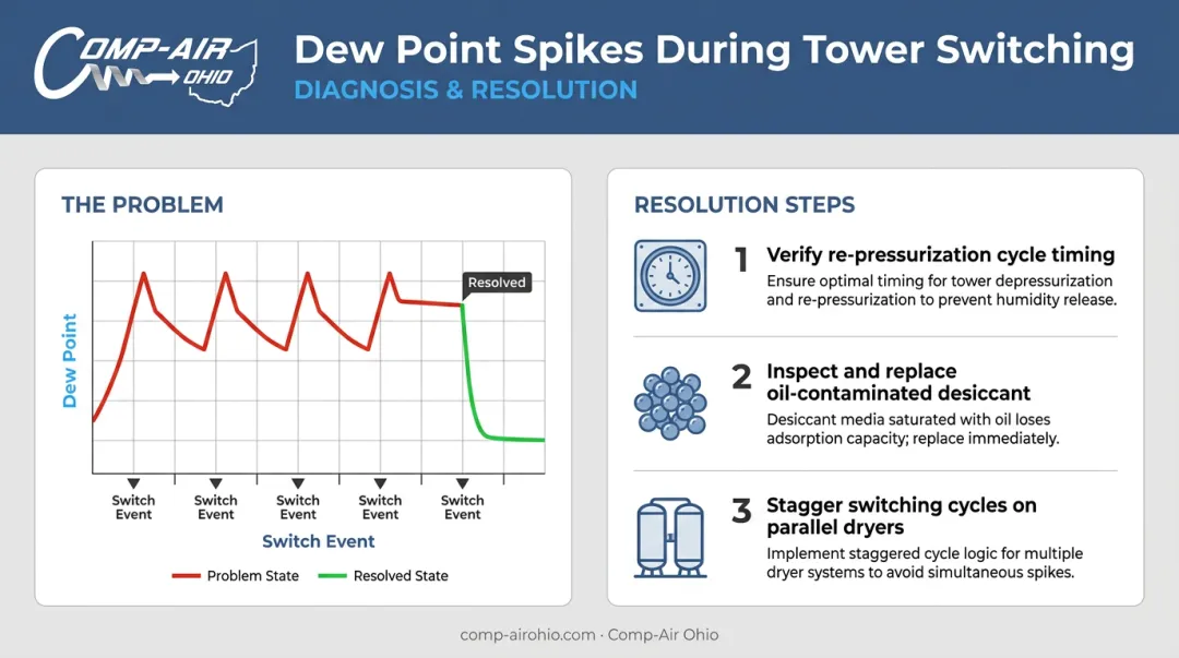 Desiccant dryer tower switching dew point spike causes and three-step resolution process