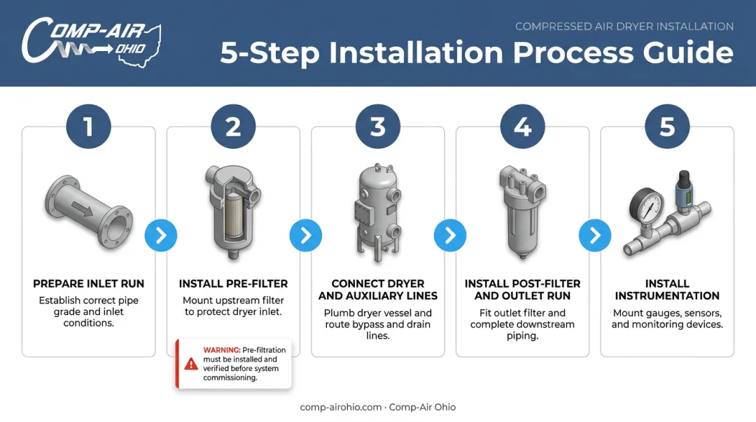5-step desiccant dryer piping installation sequence from inlet prep to instrumentation