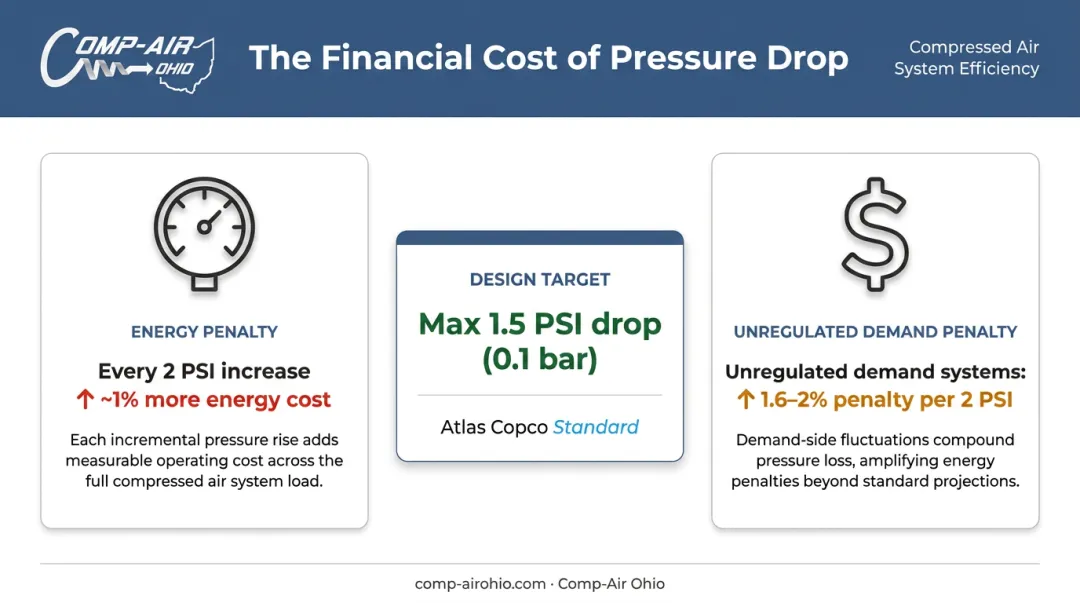Compressed air pressure drop cost impact showing energy penalty per PSI increase