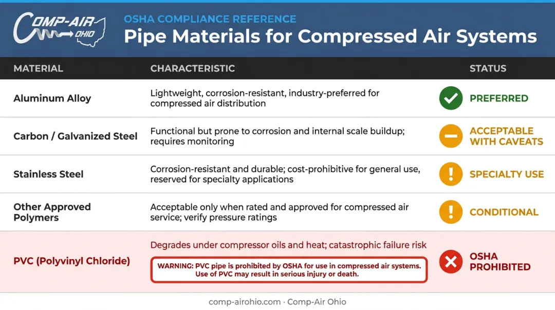 Compressed air pipe material comparison chart ranking aluminum steel stainless and PVC