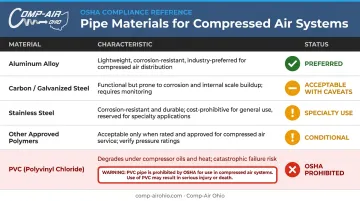 Compressed air pipe material comparison chart ranking aluminum steel stainless and PVC