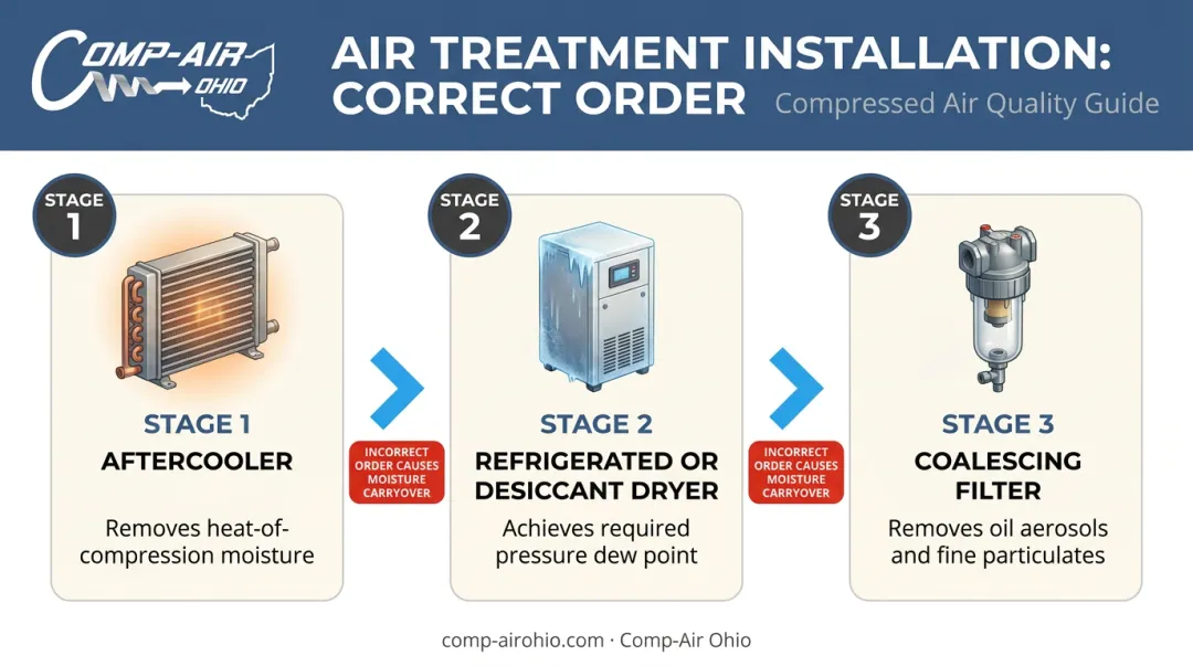 Compressed air treatment component installation sequence from aftercooler to coalescing filter