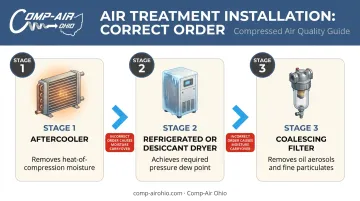 Compressed air treatment component installation sequence from aftercooler to coalescing filter