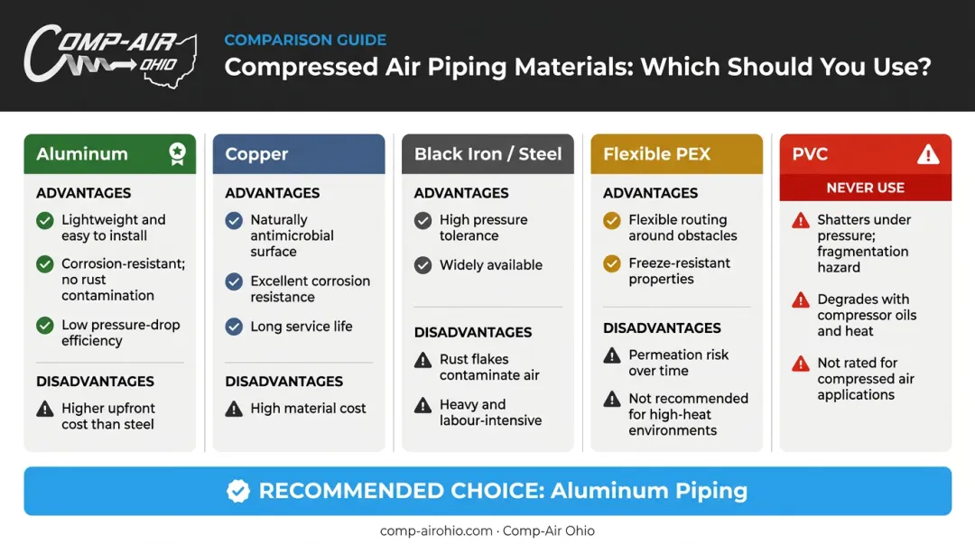 Compressed air pipe material comparison chart aluminum copper black iron PVC pros and cons