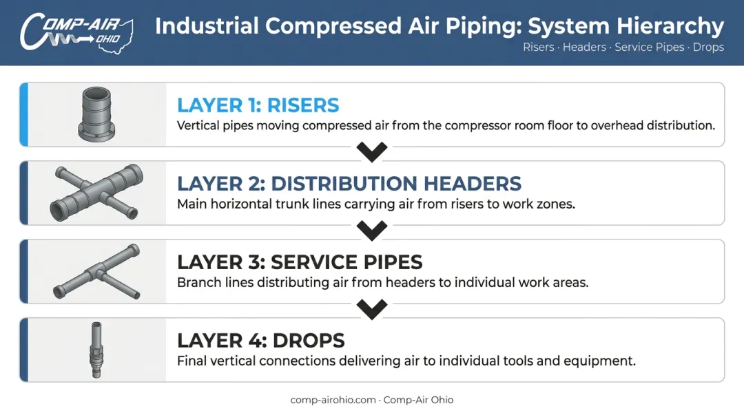 Four-layer compressed air piping hierarchy from risers to final tool drops