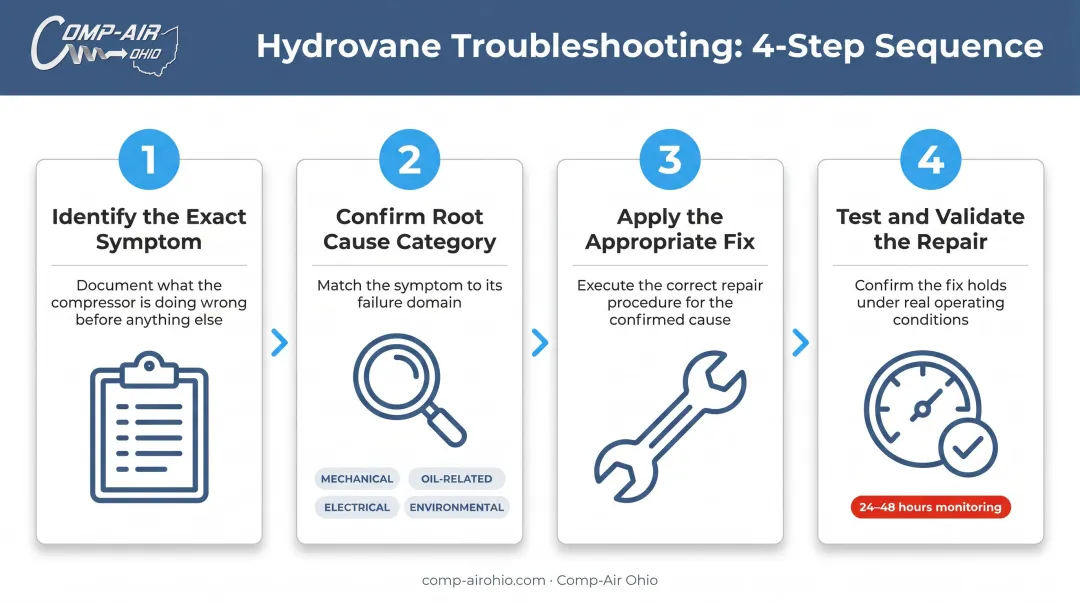 Four-step Hydrovane compressor troubleshooting process flow from symptom to validation