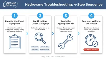 Four-step Hydrovane compressor troubleshooting process flow from symptom to validation