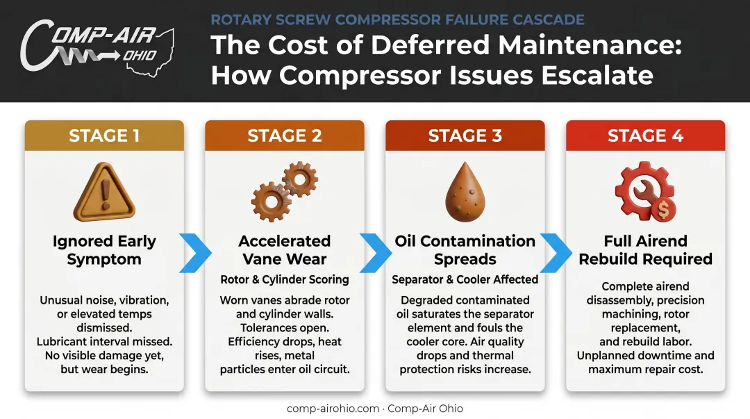 Deferred maintenance cascade failure chain from vane wear to full airend rebuild
