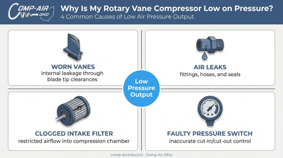 Four root causes of low air pressure in rotary vane compressors illustrated diagram