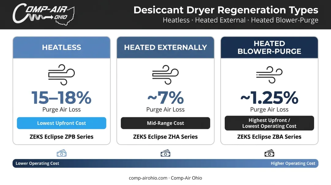 Three desiccant dryer regeneration types purge air cost and model comparison