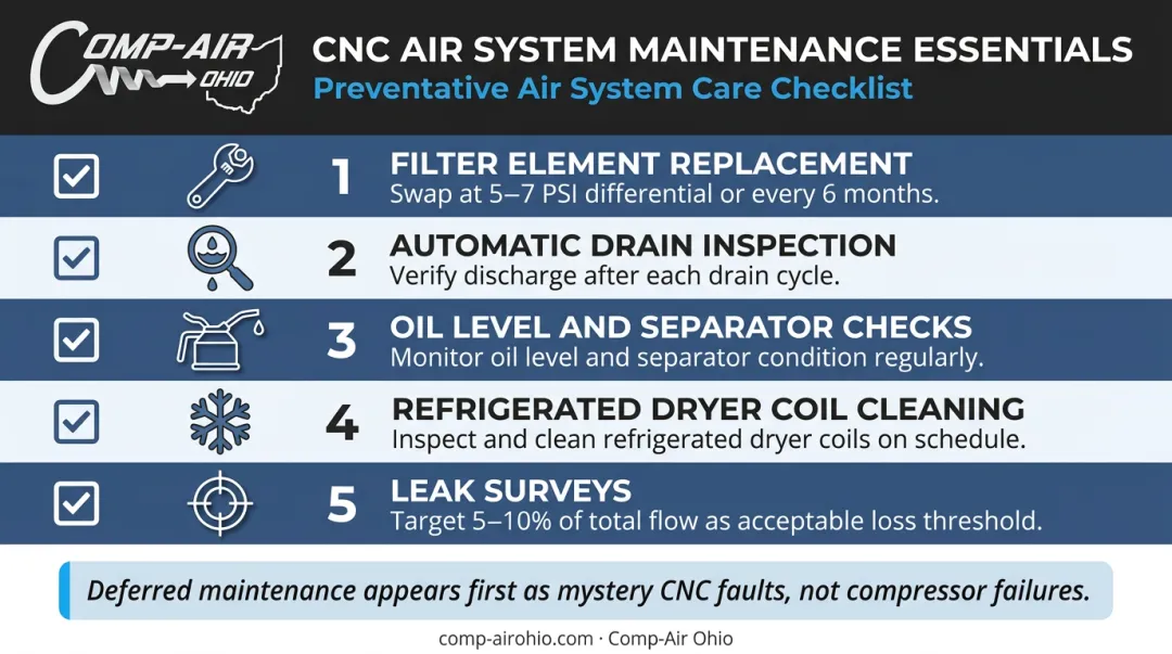 CNC shop compressed air system preventive maintenance checklist infographic