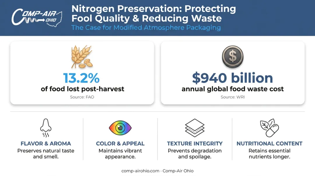 Nitrogen food preservation key benefits and global food waste statistics infographic