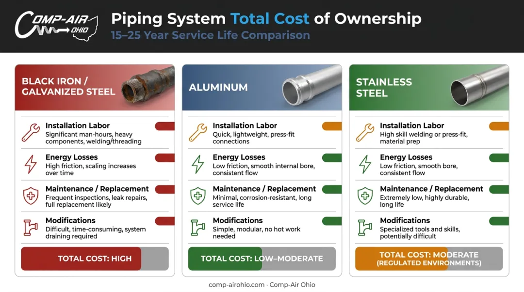Compressed air piping material total cost of ownership comparison over service life