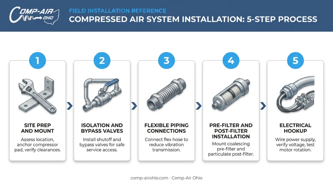 5-step compressed air dryer installation process flow diagram