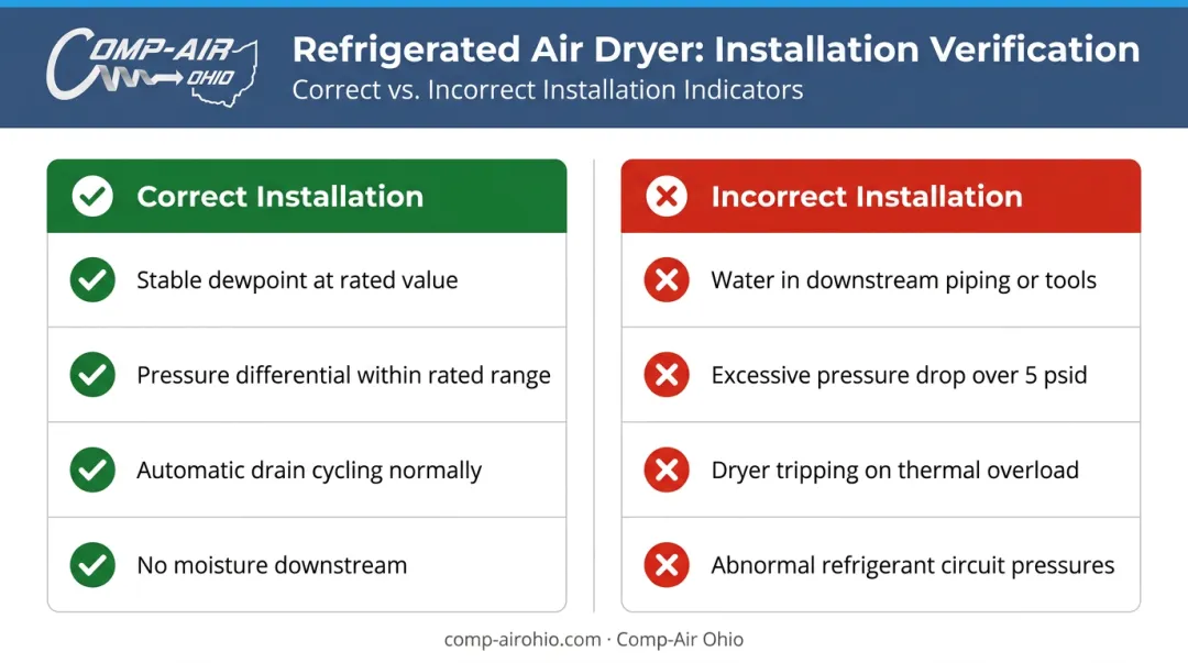 Correct versus incorrect compressed air dryer installation indicators comparison table